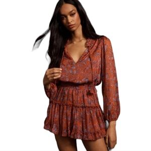 Misa Lorena Long Sleeve Split Neck Ruffle Chiffon Smocked Semi Sheer Mini Dress